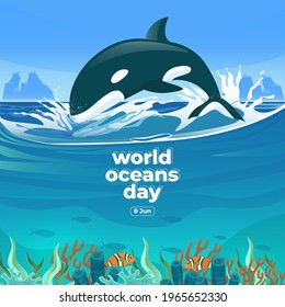 World oceans day 8 June web banner. Save our ocean. Large whale orca and fish were swimming underwater with beautiful coral and seaweed background vector illustration. 