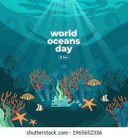 World oceans day 8 June. Save our ocean. Fish were swimming underwater with beautiful coral and seaweed background vector illustration. 