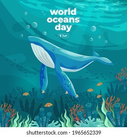 World oceans day 8 June. Save our ocean. Large whale and fish were swimming underwater with beautiful coral and seaweed background vector illustration. 