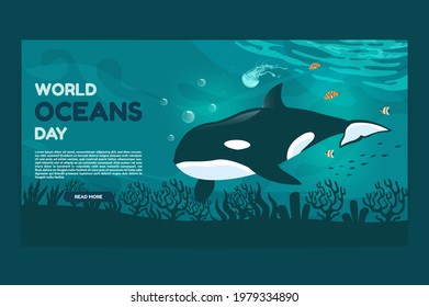 World oceans day 8 June web banner. Save our ocean. Large whale orca and fish were swimming underwater with beautiful coral and seaweed background vector illustration. 