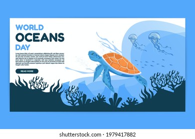 World oceans day 8 June. Save our ocean. Sea turtle and fish were swimming underwater with beautiful coral and seaweed background vector illustration.