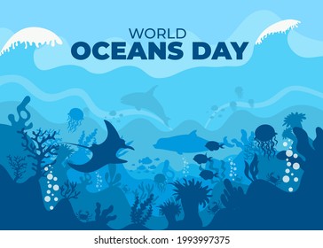 World oceans day 8 June. Save the ocean. World oceans day design with underwater ocean. Fish were swimming underwater with beautiful coral and seaweed background vector illustration. 