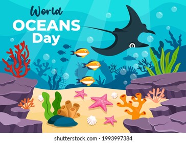 Día mundial de los océanos, 8 de junio. Salven el océano. Diseño del día mundial de los océanos con el océano submarino. Los peces nadaban bajo el agua con hermosos corales y algas en el fondo de la ilustración vectorial. 