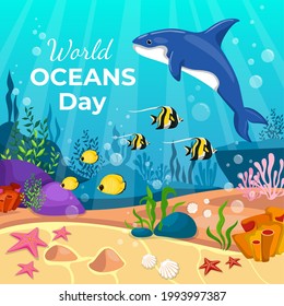 World oceans day 8 June. Save the ocean. World oceans day design with underwater ocean. Fish were swimming underwater with beautiful coral and seaweed background vector illustration. 