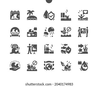 World Oceans Day 8 June. Water protection. Calendar. Eighth of june. Ocean care. Pollution control. Ban on plastic. Vector Solid Icons. Simple Pictogram