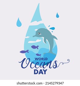 World Oceans Day 8 June underwater marine sea dolphin fish poster vector design background banner