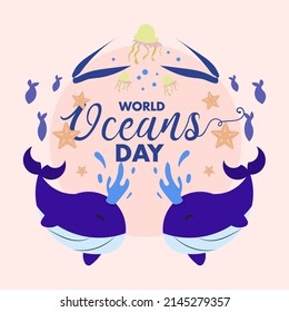 World Oceans Day 8 June, underwater marine blue whale jelly star fish cartoon poster vector design