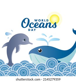 World Oceans Day 8 June underwater marine whale dolphin poster vector design background banner