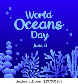 World oceans day 8 June. Save our ocean. Large whale and fish were swimming underwater with beautiful coral and seaweed background vector illustration.