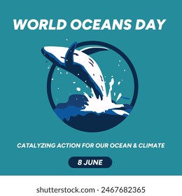 WORLD OCEANS DAY, 8 JUNE OCEANS DAY. OCEANS DAY WITH WORLD MAP, WORLD OCEAN POSTER POST DESIGN. OCEAN DAY SOCIAL MEDIA POST.Catalyzing Action for Our Ocean AND Climate.