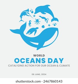 WORLD OCEANS DAY, 8 JUNE OCEANS DAY. OCEANS DAY WITH WORLD MAP, WORLD OCEAN POSTER POST DESIGN. OCEAN DAY SOCIAL MEDIA POST.Catalyzing Action for Our Ocean AND Climate.