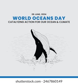 WELTTAG DER OZEANE, 8. JUNI. OZEANE TAG MIT WELTKARTE, WELTMEER POSTER DESIGN. OCEAN DAY SOCIAL MEDIA POST.Catalyzing Action for Our Ocean AND Climate.