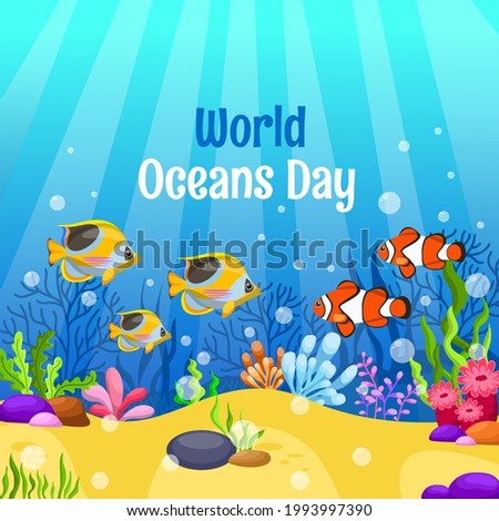 World oceans day 8 June. Save the ocean. World oceans day design with underwater ocean. Fish were swimming underwater with beautiful coral and seaweed background vector illustration. 