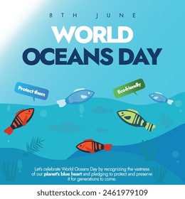 World oceans day. 8th June Stunning World Oceans Day social media post for creating awareness for ocean pollution with colourful fishes under the ocean.