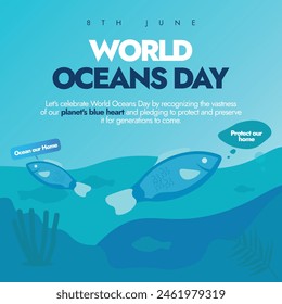 World oceans day. 8th June Stunning World Oceans Day banner design featuring a vibrant blue background, colourful fishes and inspiring text. Perfect for raising awareness about ocean conservation.