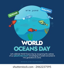 World Oceans Day. 8th June World Oceans day celebration banner, post with water, fishes sea grass. Catalyzing Action for Our Ocean, Climate. The day celebrates healthy ocean and a stable climate.