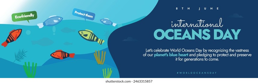 El 8 de junio, Día Mundial de los Océanos, cubre el Anuncio. Anuncio del Día Mundial de los Océanos, publicación en redes sociales con diferentes peces, hierba marina, corales. El tema de 2024 para este día es Catalizar la acción para nuestro océano y clima. 