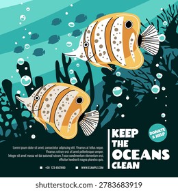 World Oceans Day Awareness Poster. Two Tropical Fish Swimming Among Coral Silhouettes. Environmental Protection and Ecology Concept. Flat Design Vector.