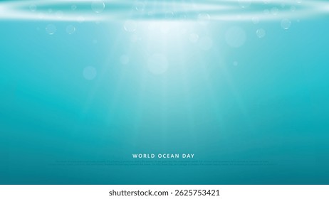 World oceans day background. Realistic sea scene with underwater sun beams. Vector illustration design.
