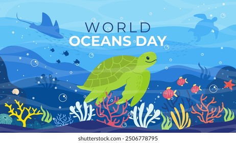 World oceans day . Background with sea. World oceans day background with underwater ocean, shinny light coral, sea plants, stingray and turtle. Template for background, banner, card, poster