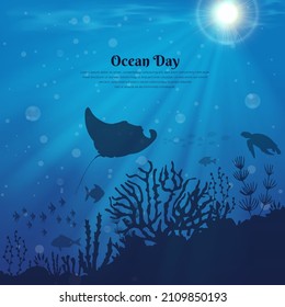 World oceans day background with sunlight, stingray, school fish and turtle. Oceans day design vector illustration