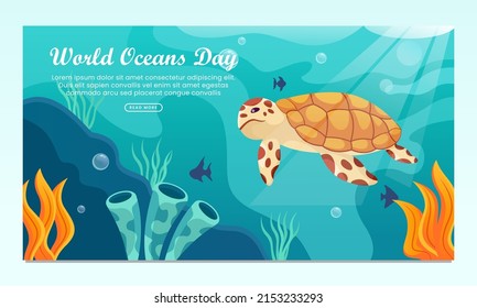 World oceans day banner background design with turtle cartoon underwater