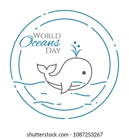 World oceans day banner with cute swimming whale expelling water line style isolated on white background - outline sea wild animal for environment vector illustration.