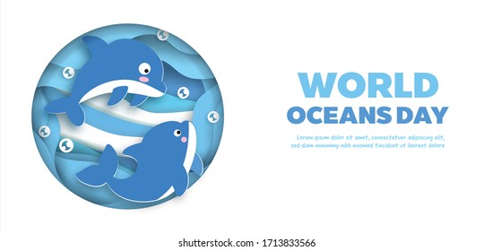 world oceans day banner with cute dolphin in paper cut style. 