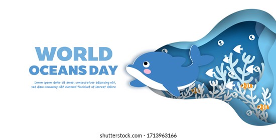 world oceans day banner with cute dolphin in paper cut style. 