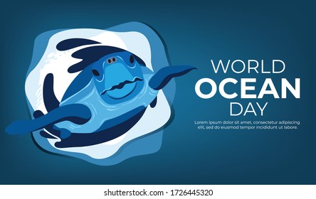 World oceans day banner with cute sea ​​animals background 