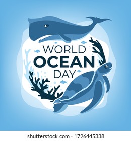 World oceans day banner with cute sea ​​animals background 