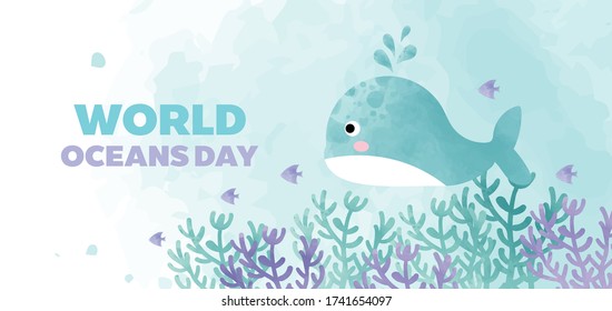 world oceans day banner with cute whale in water color style .