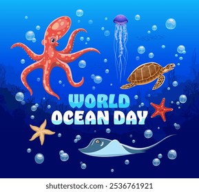 World oceans day banner featuring cartoon octopus, jellyfish, turtle, starfish and stingray animals at deep blue ocean background with bubbles. Vector sea conservation poster with marine biodiversity