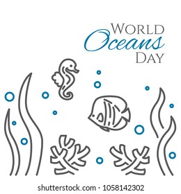 World oceans day banner with fish and sea horse, corals and seaweed line style isolated on white background. Outline underwater wild life with animals - environmental vector illustration.