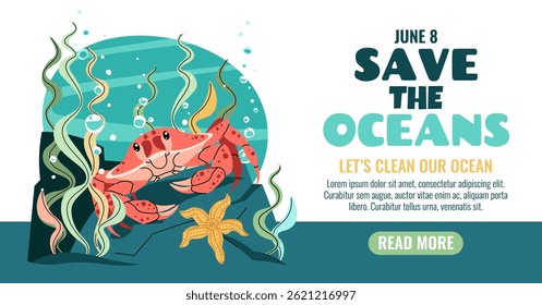 Banner do Dia Mundial dos Oceanos com Caranguejo Brincalhão Entre Algas Marinhas. Projeto de Conservação Marinha para Mídias Sociais e Campanhas Ecológicas para Proteger Habitats Costeiros