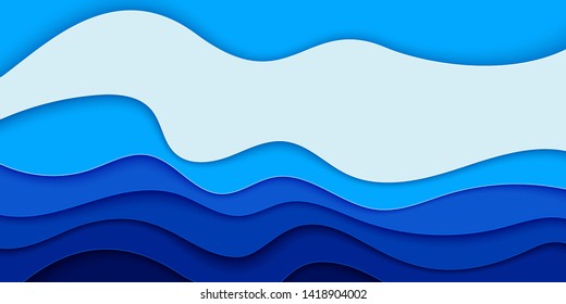 World Oceans Day banner, poster template. Deep blue sea waves paper cut style. Vector illustration EPS 10.