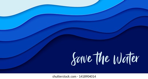 World Oceans Day banner, poster template. Deep blue sea waves paper cut style. Vector illustration EPS 10.