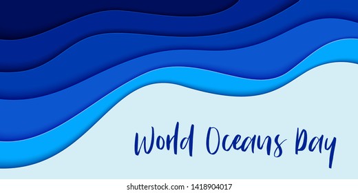 World Oceans Day banner, poster template. Deep blue sea waves paper cut style. Vector illustration EPS 10.