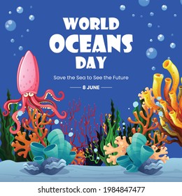 World oceans day banner. Sea scene with underwater plant. An Octopus swimming under the sea. Vector Illustration.