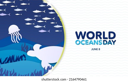 World Oceans Day Banner template with copy space. Gold Emblem of ocean with paper fish, jellyfish, and turtle. White background with blue wave pattern. World Oceans day typography. Vector Illustration