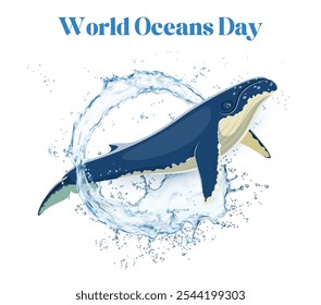 Día mundial de los océanos Anuncio con ballena en el chapoteo redondo de agua azul, cartel de Vector. Día Mundial del Océano para los animales marinos y la protección o conservación del medio ambiente, ballena azul en círculo redondo de salpicaduras de agua