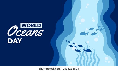 World Oceans Day with a blue background and fish swimming in the water