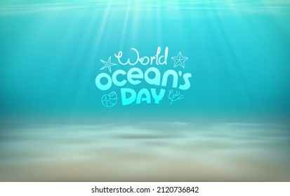 World oceans day. Blue bottom of the sea with sun light effect