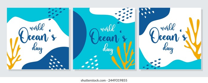 World Oceans Day blue poster set with yellow seaweed, coral. Harmonious flowing shapes in boho style.