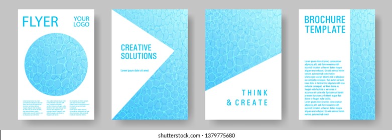 World Oceans Day brochure cover templates vector set. Earth Day flyers with clean ocean water caustics ripple pattern. Report cover, banner, poster, flyer layouts. Teal blue wavy ripple background.