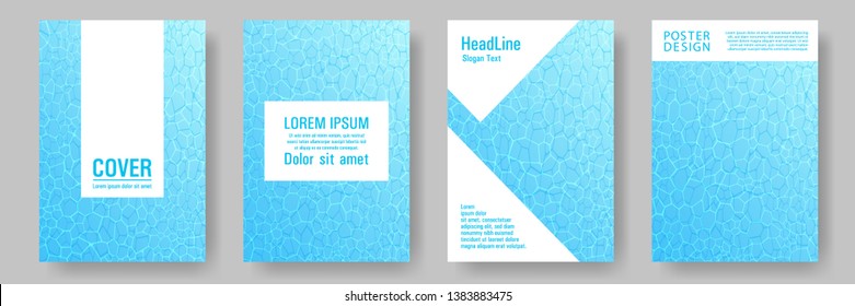 World Oceans Day brochure cover templates vector set. Earth Day flyers with clean sea water caustics ripple pattern. Report cover, poster, flyer layouts. Teal blue wavy ripple background.
