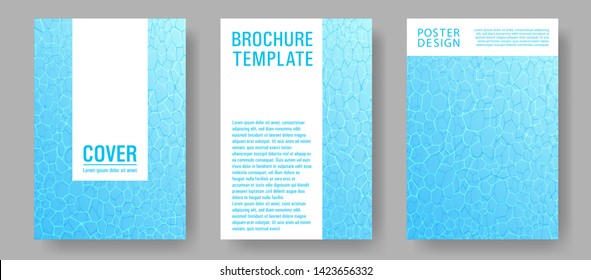 World Oceans Day brochure cover templates vector set. Earth Day flyers with clean ocean water caustics ripple pattern. Report cover, poster, flyer layouts. Blue wavy ripple background texture.