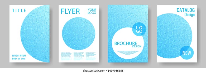 World Oceans Day brochure cover templates vector set. Earth Day flyers with clean sea water caustics ripple pattern. Report cover, poster, flyer layouts. Cyan wavy ripple background texture.