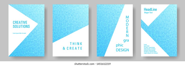 World Oceans Day brochure cover templates vector set. Earth Day flyers with clean ocean water caustics ripple pattern. Banner, cover, poster, flyer layouts. Teal green wavy ripple background.