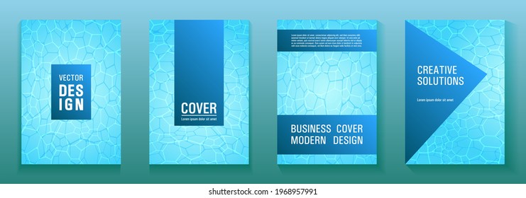 World Oceans Day brochure cover templates vector set. Ecological flyers with clean sea water ripple pattern. Report, magazine cover, ecology poster, flyer layouts. Turquoise wavy ripple background.